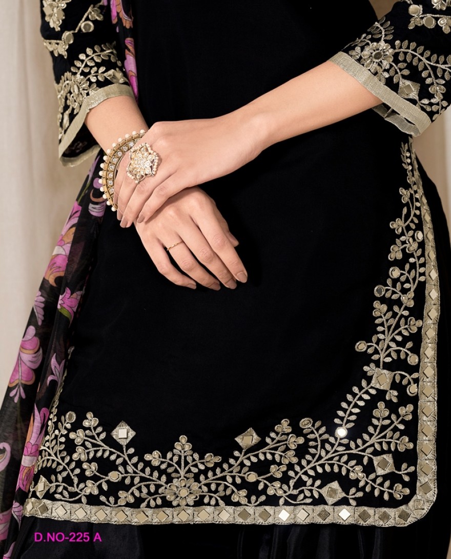 225-black - Mirror Work Black Embroidered Punjabi Suit